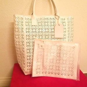 Tory burch  laser cut shopper tote and clutch set..